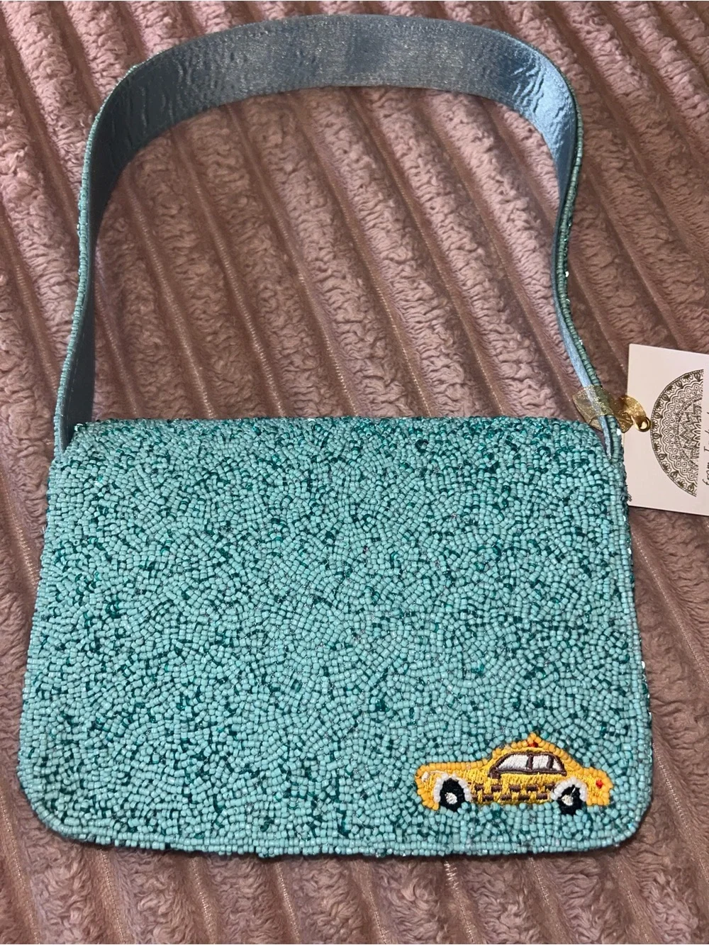 Beaded Cityscape Crossbody Bag in Teal